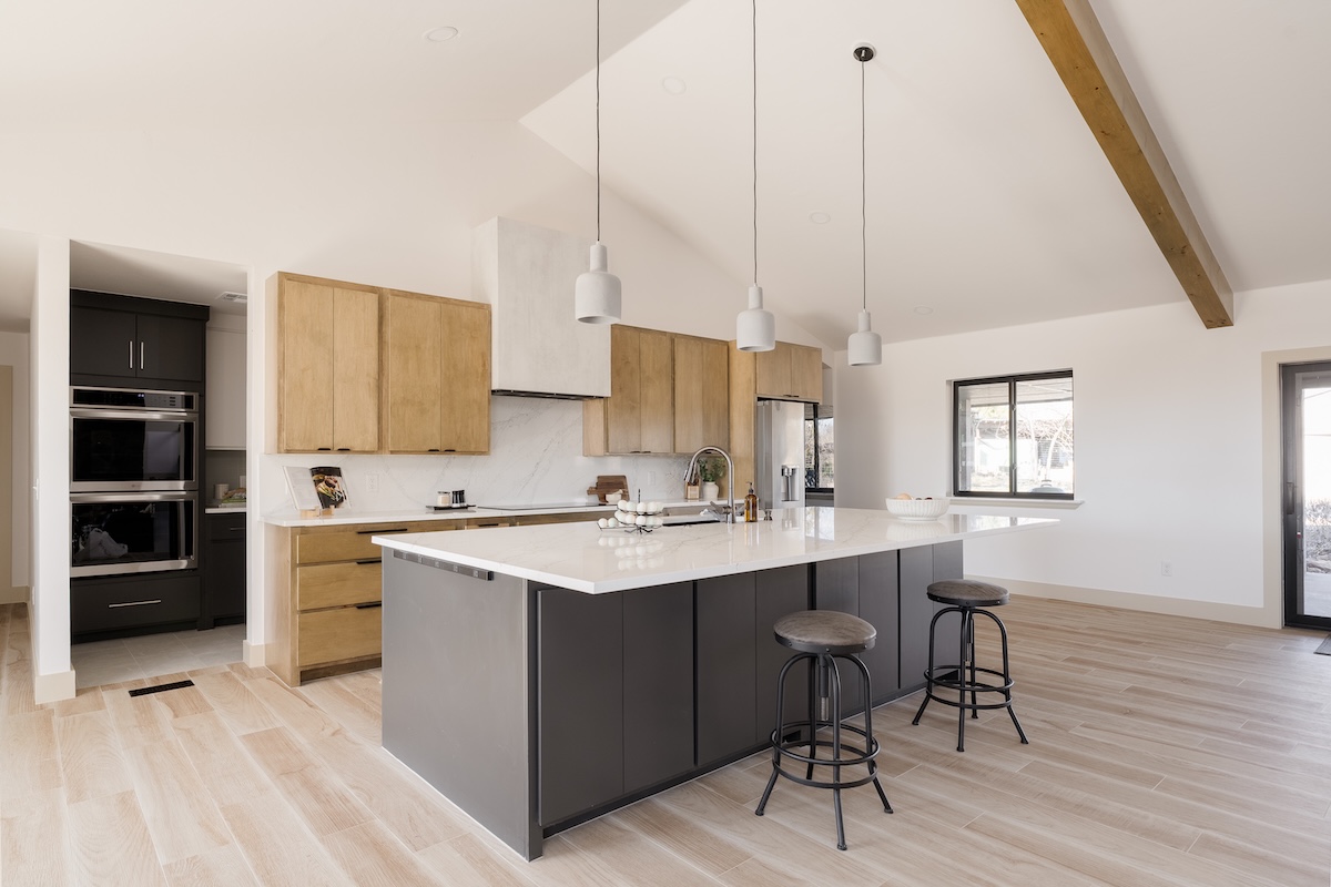 Modern organic living room with south-facing windows and updated fireplace
